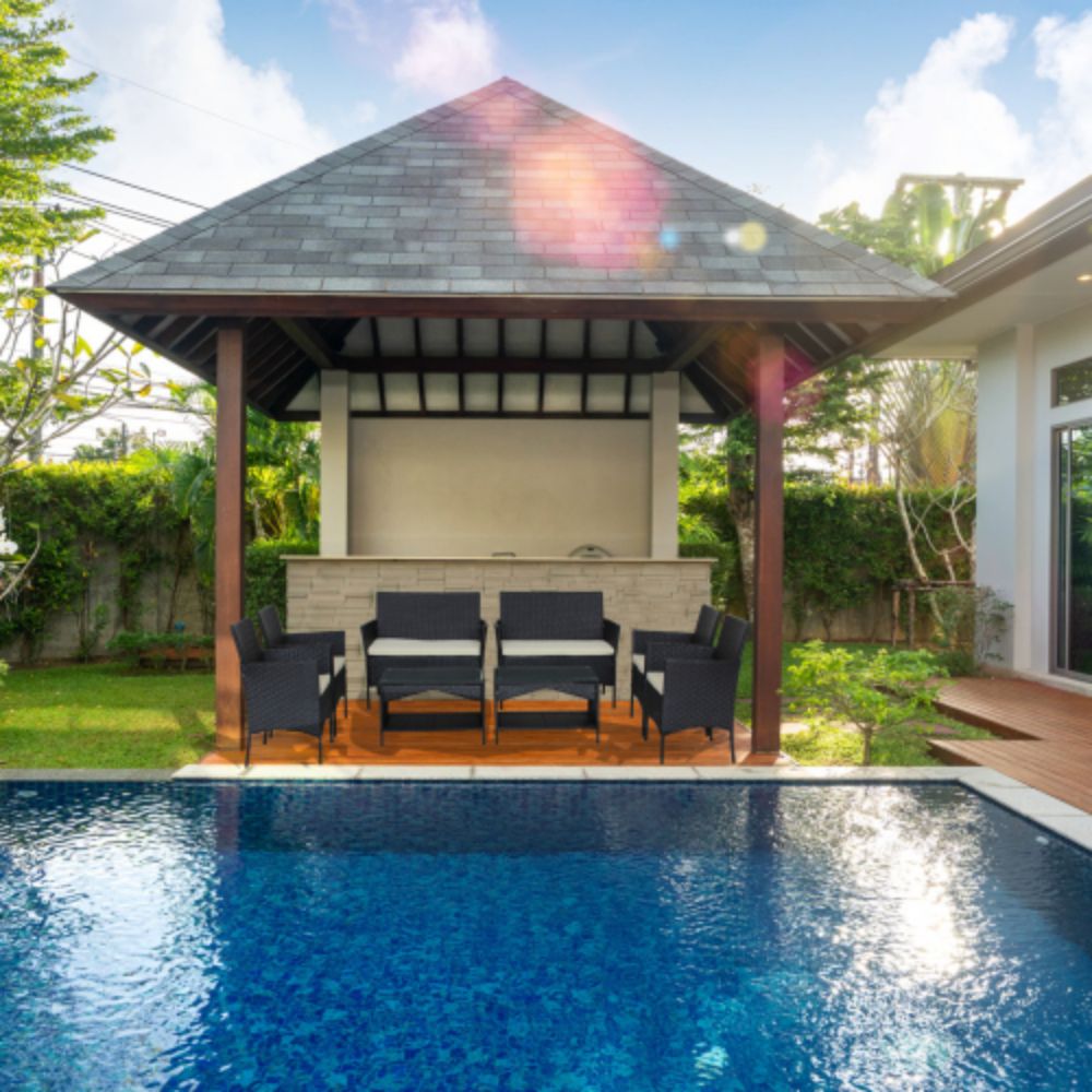 4-Piece Rattan Outdoor Conversation Seating Set with Beige Cushion and Patio Tempered Glass Table