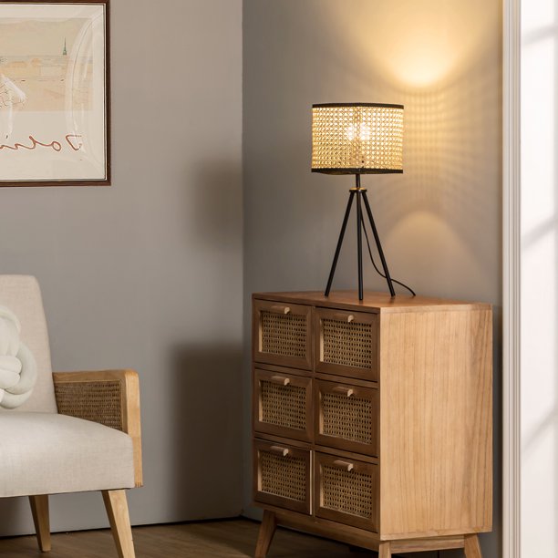 SUGIFT Rattan 21.3inch Table Lamp with In-line Switch Control and Metal Legs