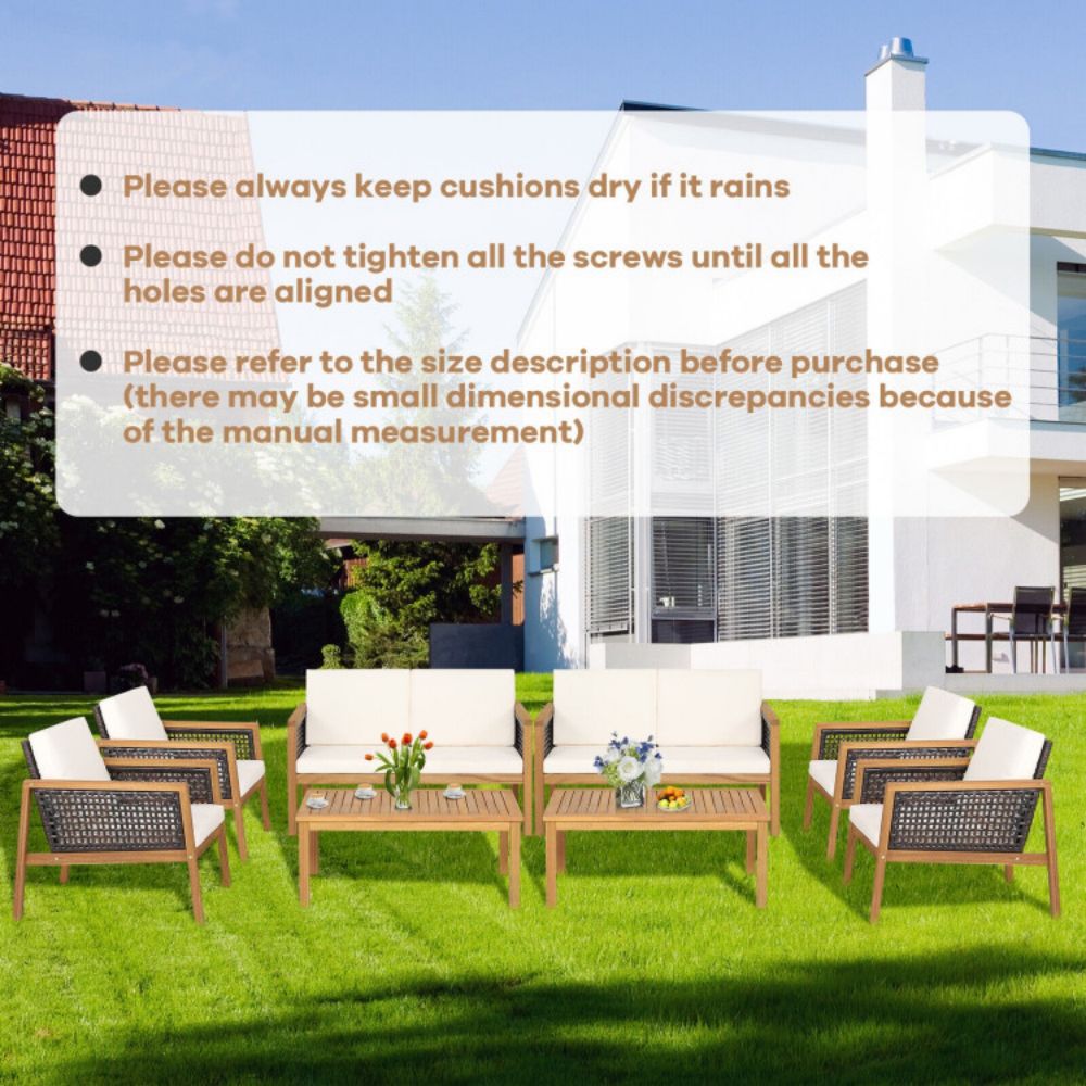 4-Pieces Wooden Outdoor Patio Conversation Set with White Cushions