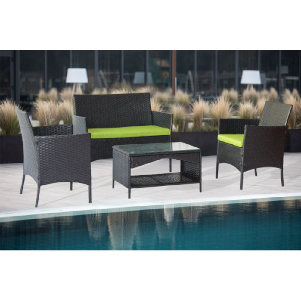 4-Piece Outdoor Wicker Conversation Furniture Set with Green Cushions and Tempered Glass Table