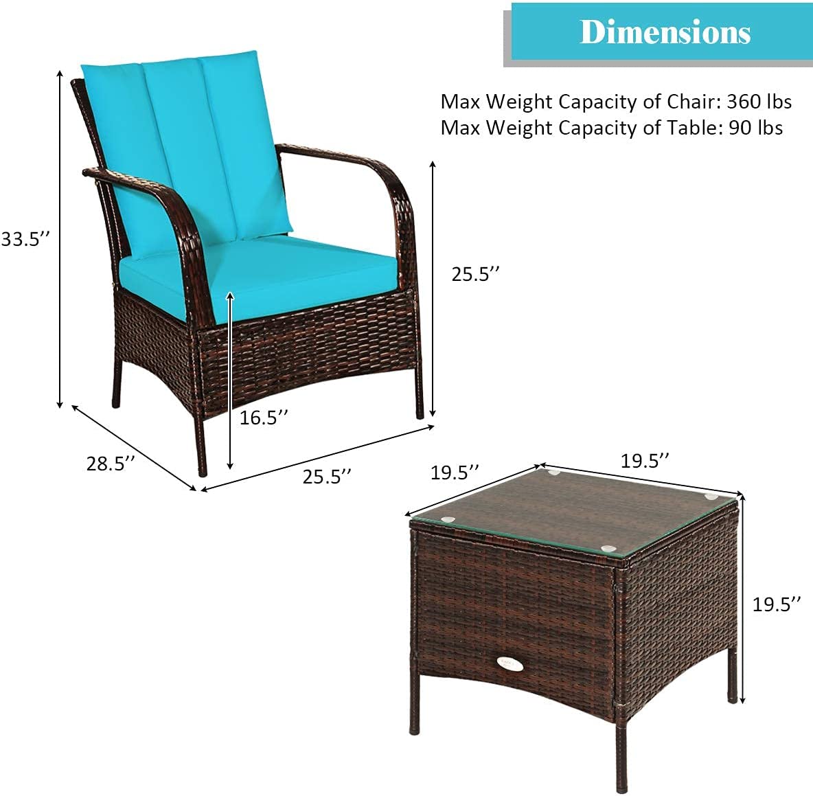 3-Pieces Outdoor Wicker Patio Conversation Furniture Set with Turquoise Cushion