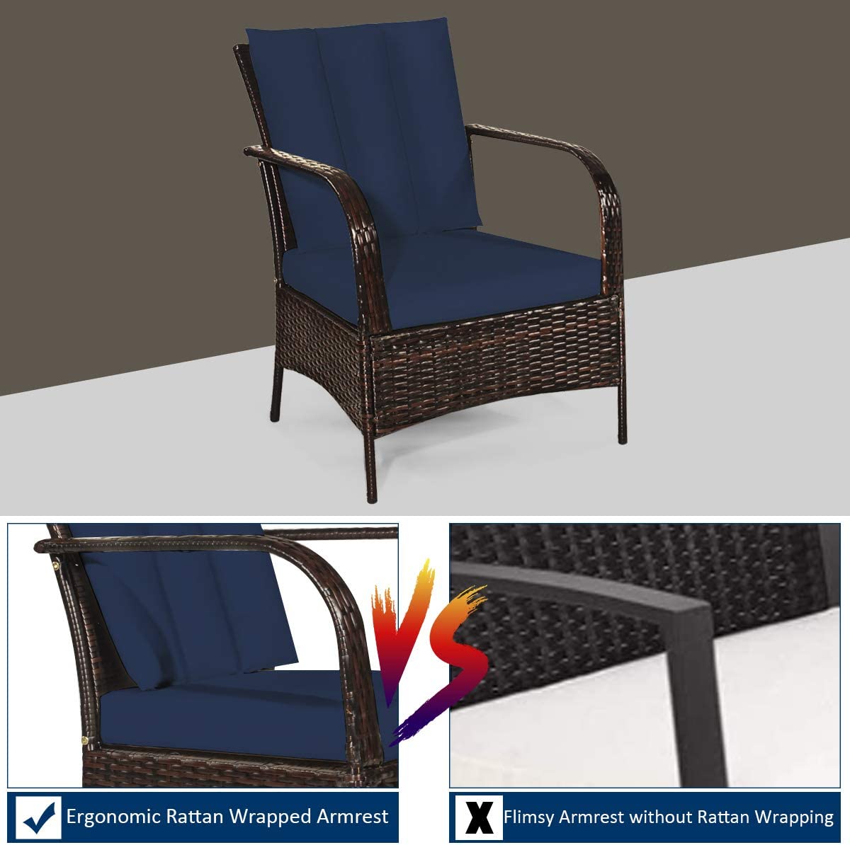 3-Pieces Outdoor Wicker Patio Conversation Furniture Set with Navy Cushion