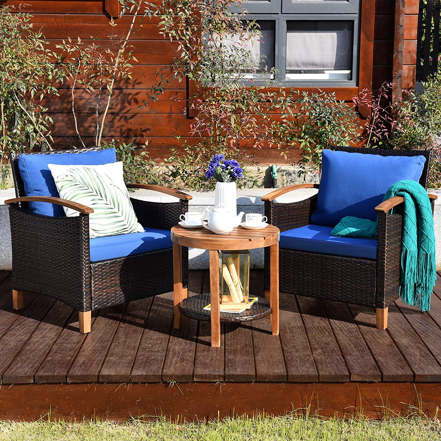 3-Pieces Outdoor Wicker Wooden Frame Patio Conversation Furniture Set with Blue Cushion