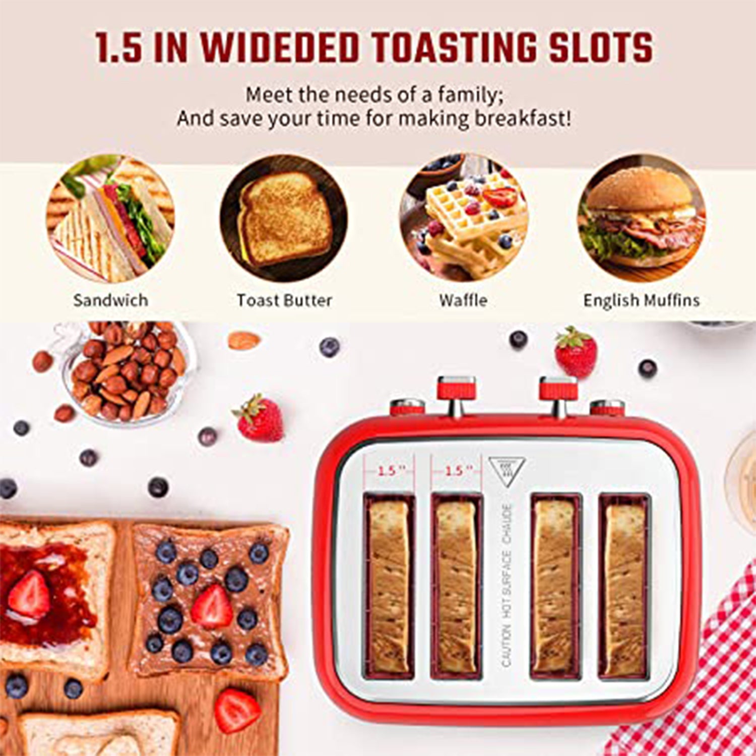SUGIFT Toaster, Retro Red Extra-wide Slot, Independent Temperature Control Toaster