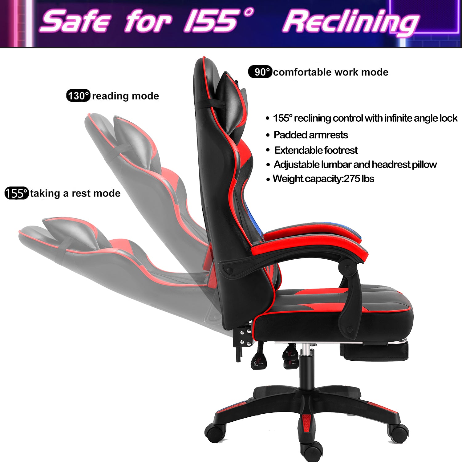SKONYON Gaming Chair,Racing Style Gaming, Reclining Ergonomic Chair with Footrest, Red