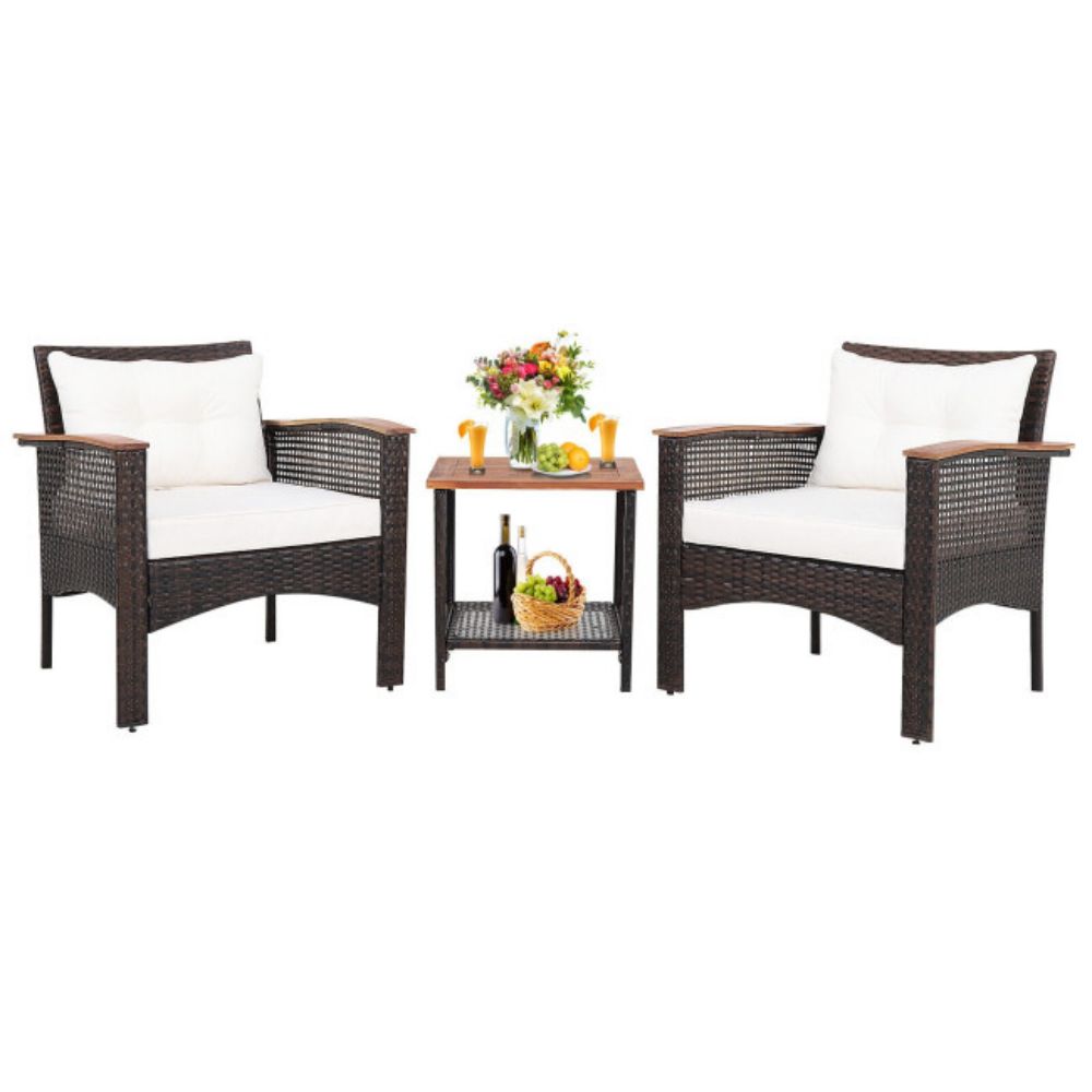 3-Pieces Rattan Outdoor Patio Conversation Set with White Cushions