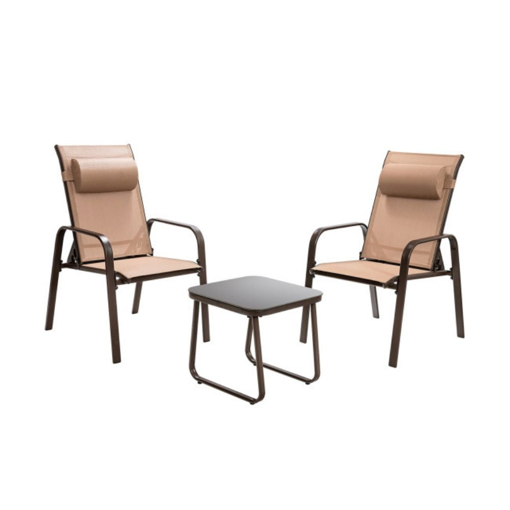 Brown 3-Pieces Metal Stackable Outdoor Patio Bistro Conversation Set with Adjustable Backrest