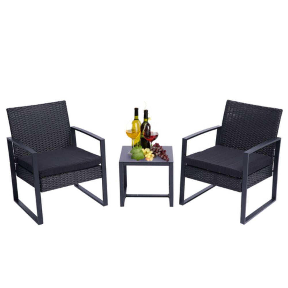 3-Piece Rattan Wicker Outdoor Patio Conversation Set with Black Cushion