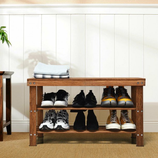 SUGIFT 3-Tier Bamboo Shoe Bench Storage Rack Organizer