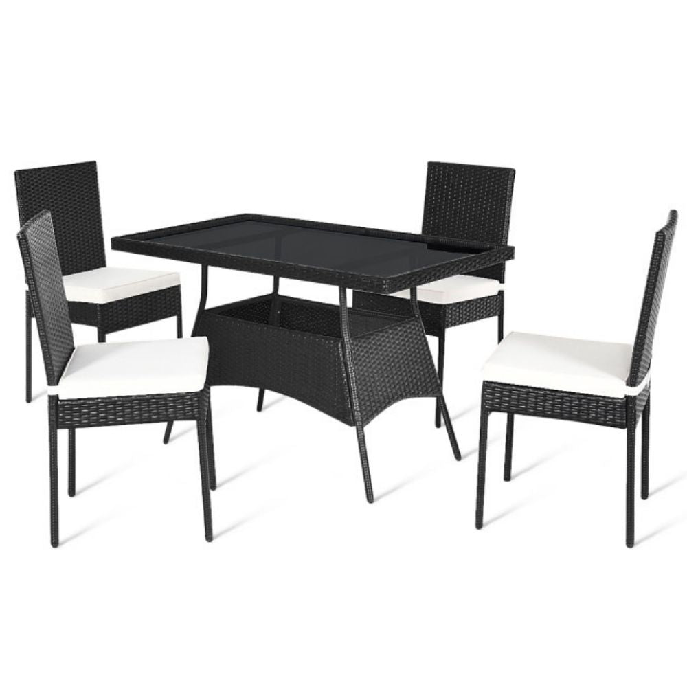 5-Piece Patio Wicker Rattan Outdoor Dining Set with Rectangle Table and White Cushions