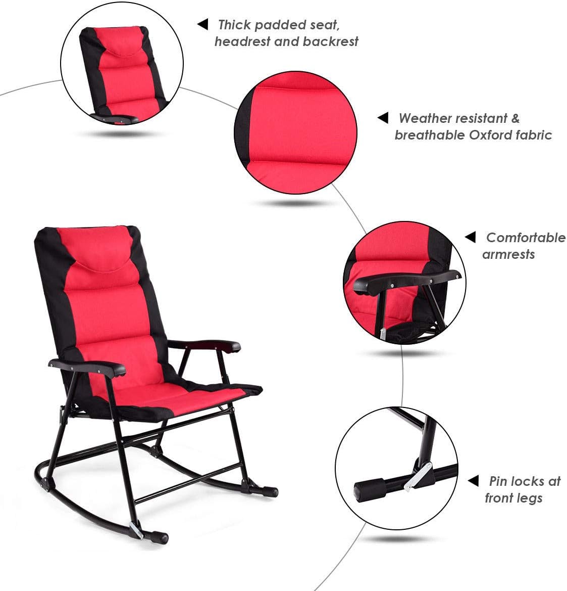 3-Piece Outdoor Folding Rocking Chair Conversation Set with Red and Grey Cushion
