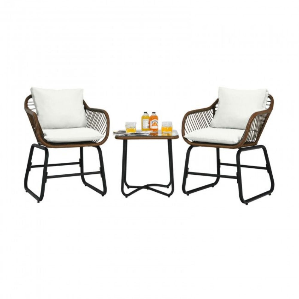 3-Piece Wicker Outdoor Bistro Bistro Set with White Cushion and Glass Table