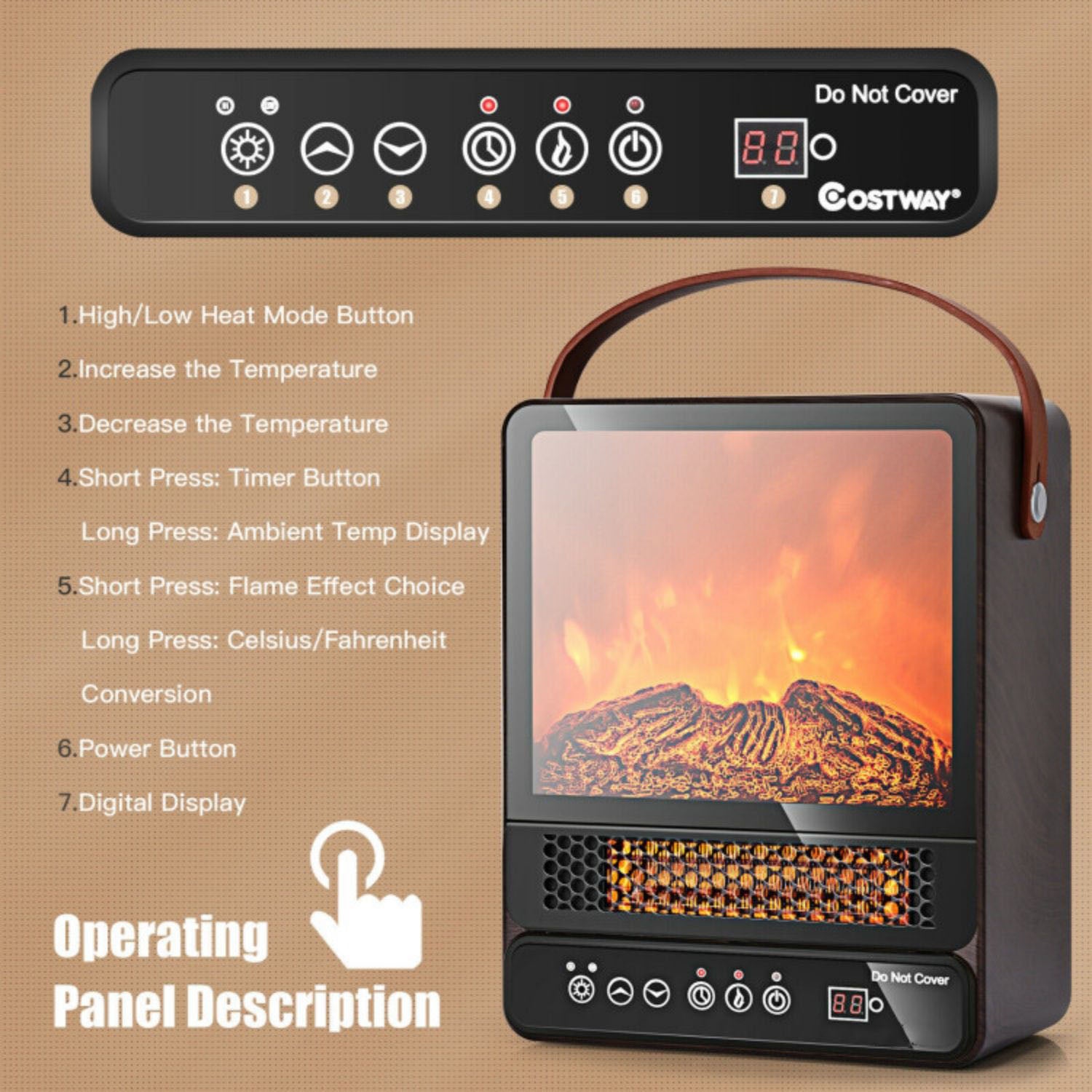 SUGIFT 1500W Electric Fireplace Tabletop Portable Space Heater with 3D Flame Effect-Walnut
