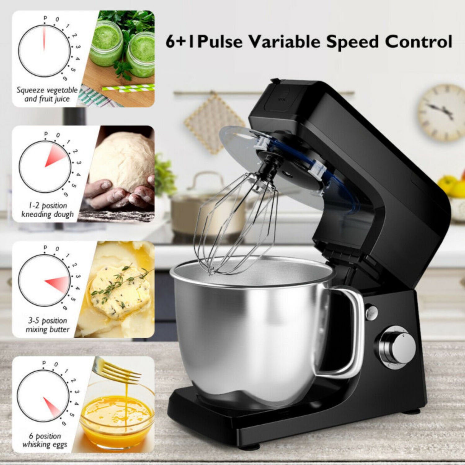 SUGIFT 3-in-1 Multi-functional 6-speed Tilt-head Food Stand Mixer-Black