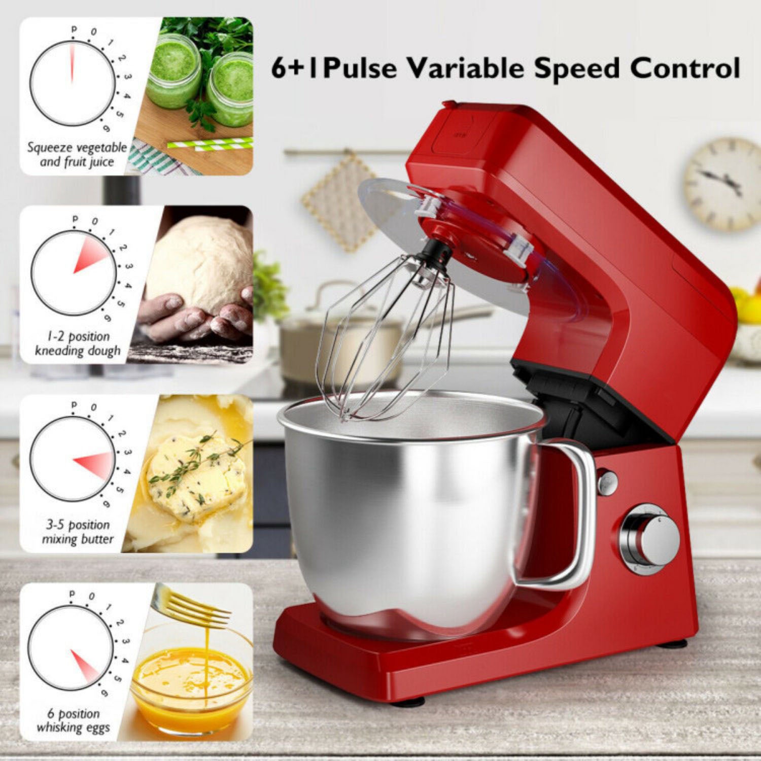 SUGIFT 3-in-1 Multi-functional 6-speed Tilt-head Food Stand Mixer-Red