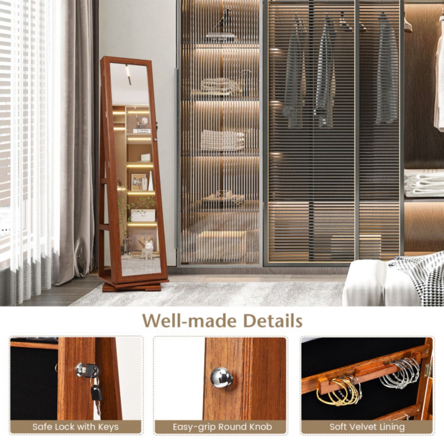 SUGIFT 360¡ã Rotatable 2-in-1 Lockable Jewelry Cabinet with Full-Length Mirror-Brown