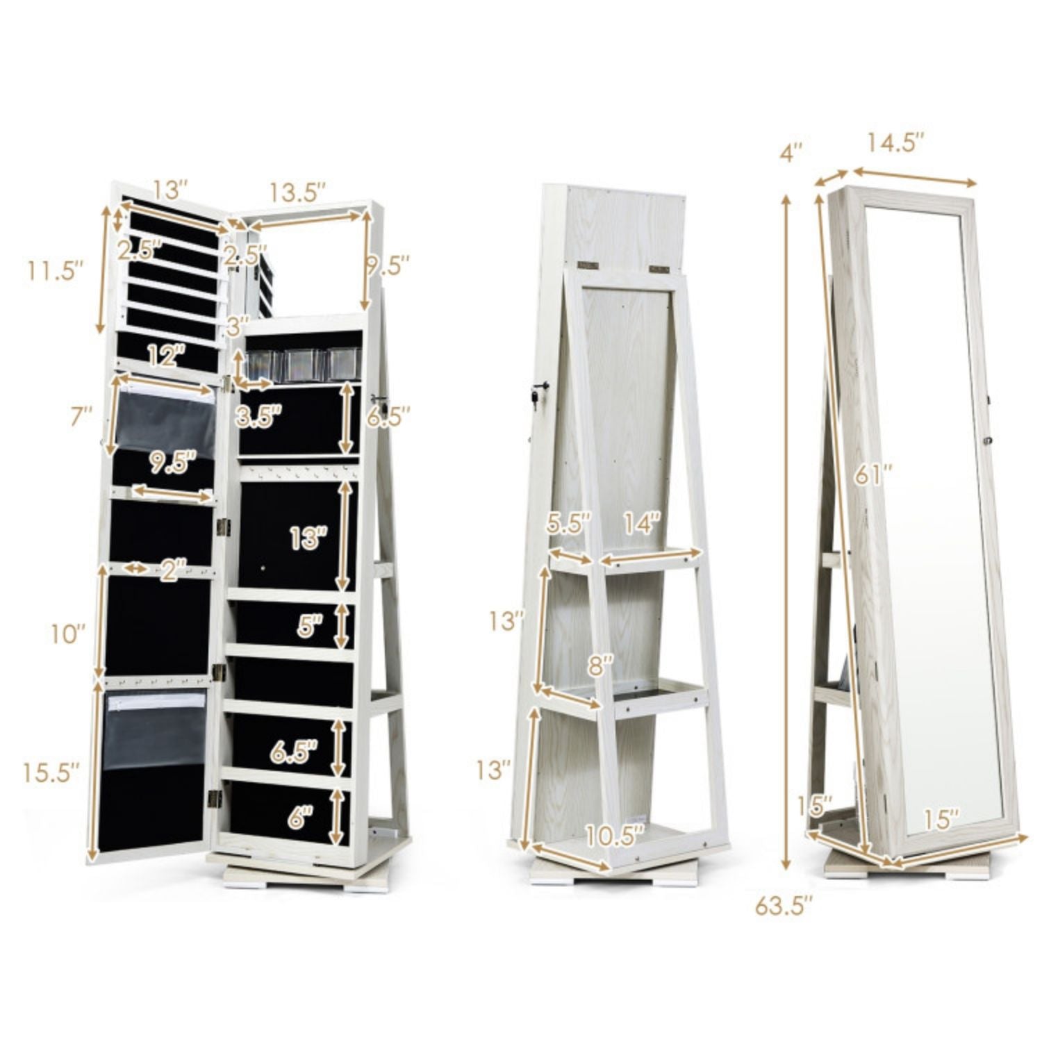 SUGIFT 360¡ã Rotatable 2-in-1 Lockable Jewelry Cabinet with Full-Length Mirror-White