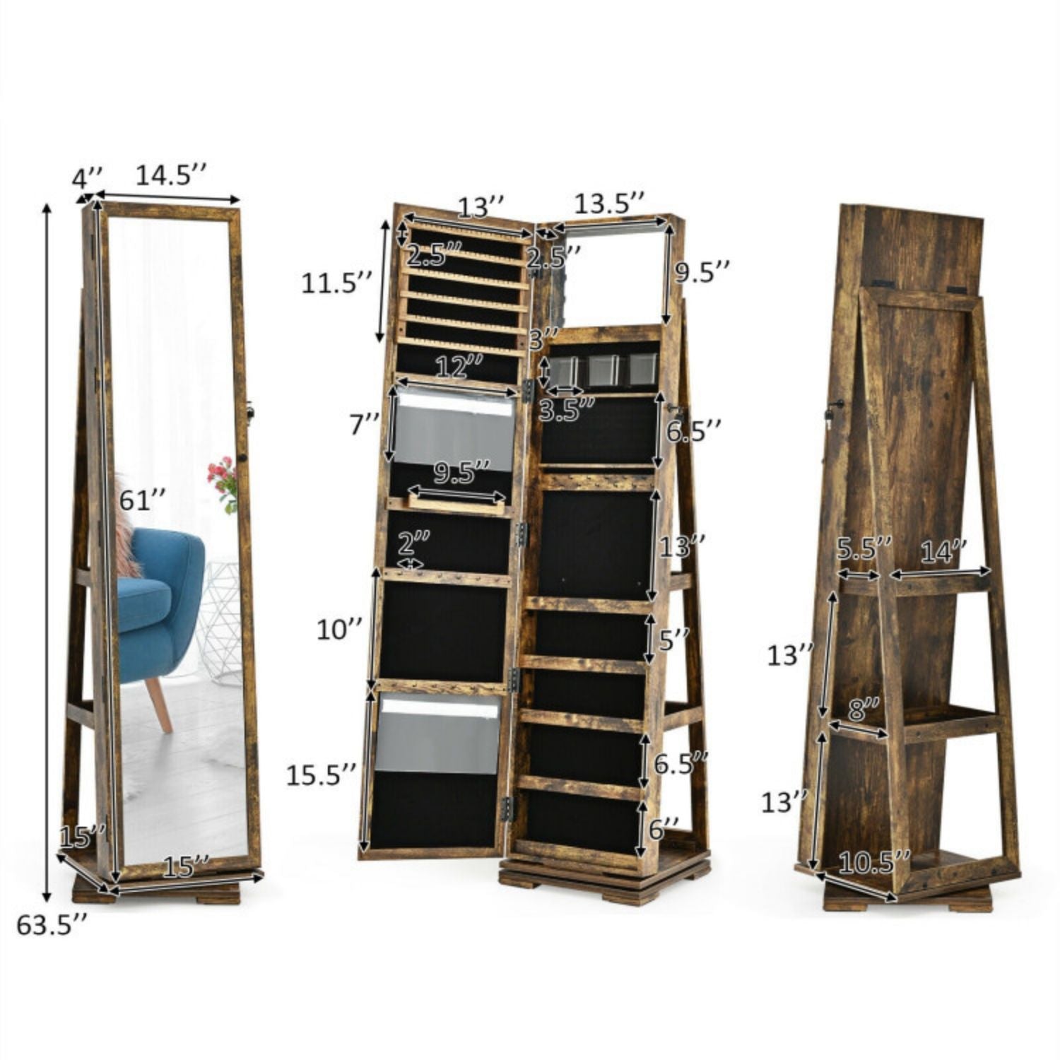 SUGIFT 360¡ã Rotatable 2-in-1 Lockable Jewelry Cabinet with Full-Length Mirror-Rustic Brown