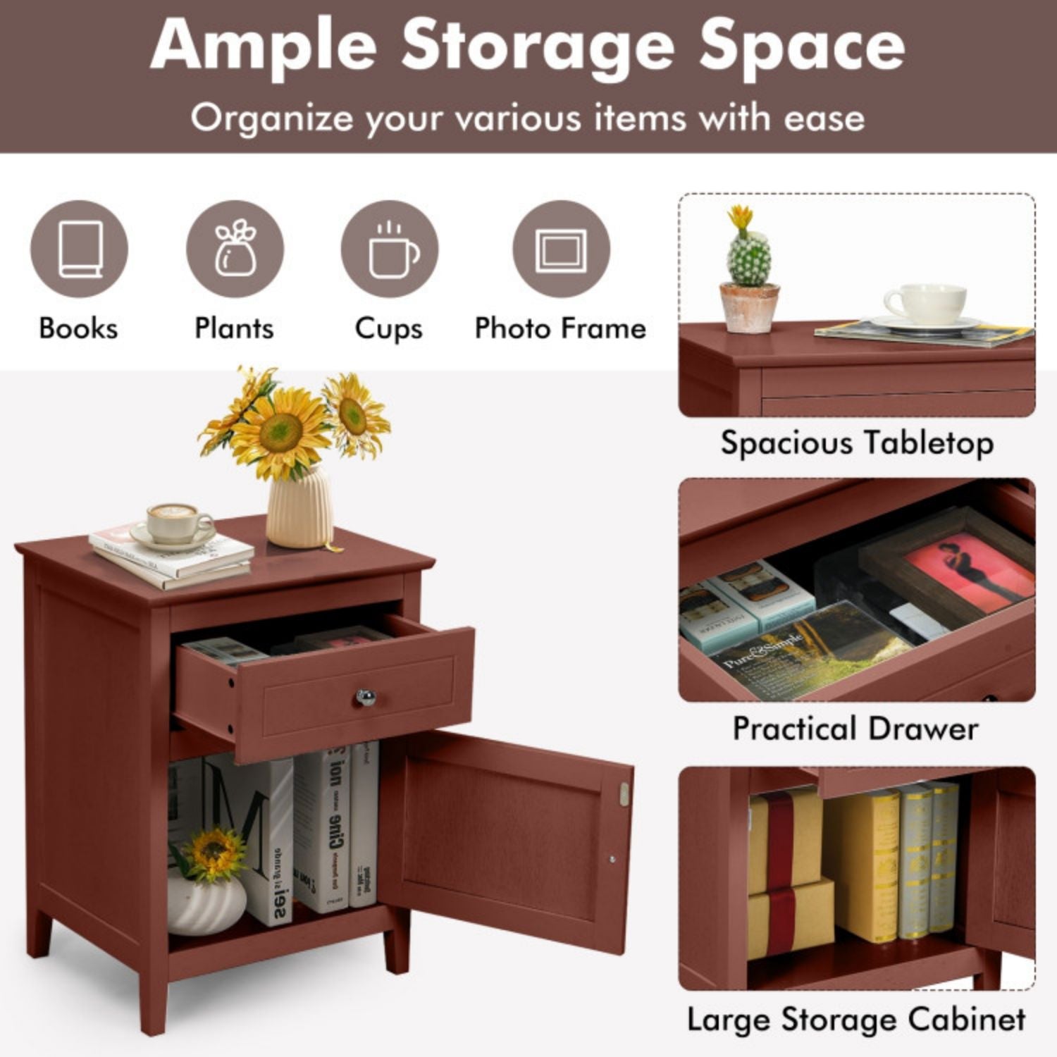 SUGIFT 2-Tier Accent Table with Spacious Tabletop-Cherry