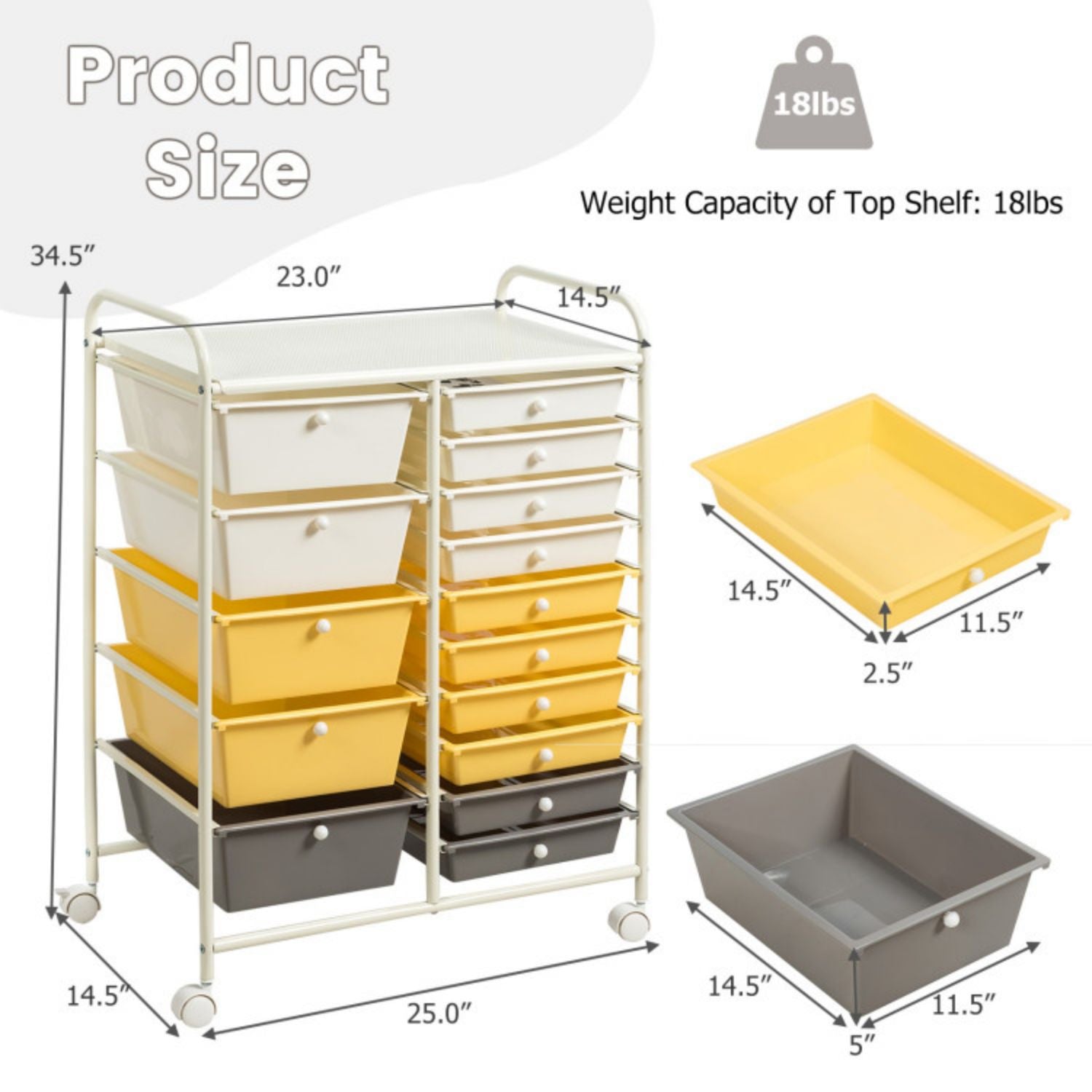SUGIFT 15-Drawer Storage Rolling Organizer Cart-Yellow