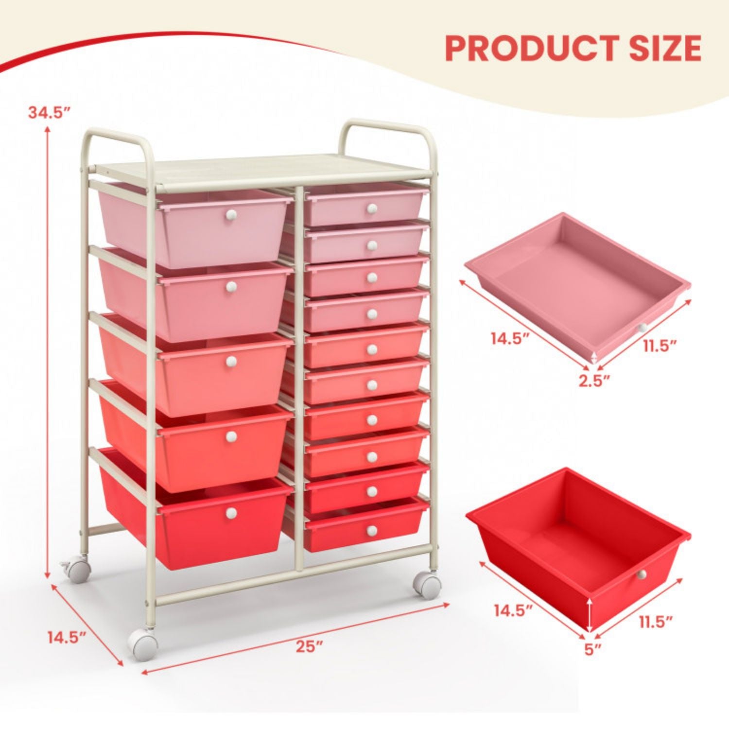 SUGIFT 15-Drawer Utility Rolling Organizer Cart Multi-Use Storage-Pink