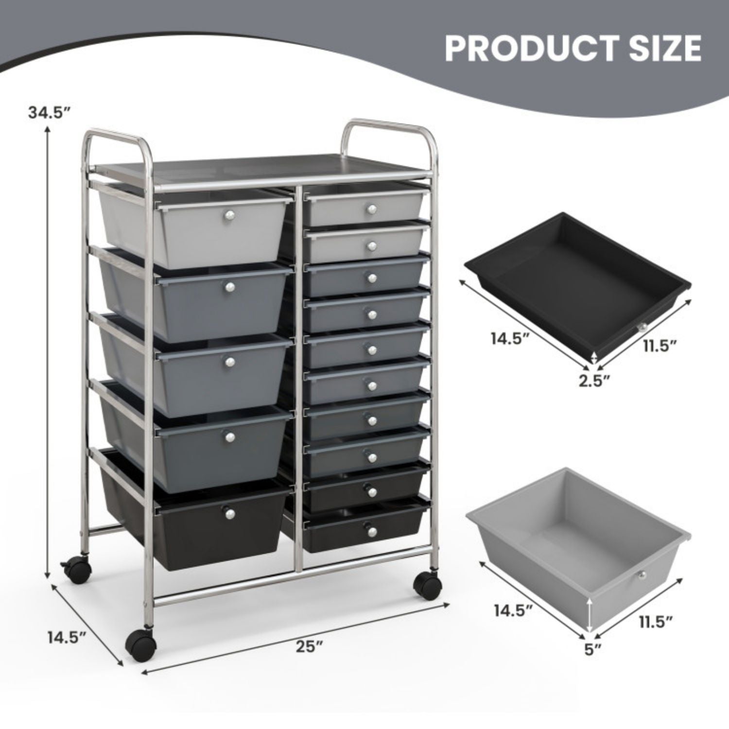 SUGIFT 15-Drawer Utility Rolling Organizer Cart Multi-Use Storage-Black & Gray