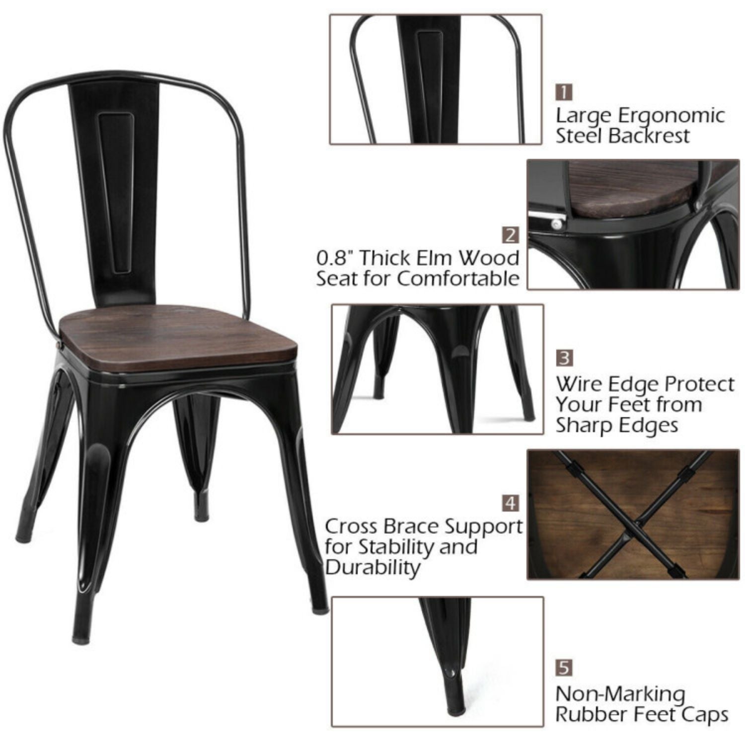 SUGIFT 18 Inch Height Set of 4 Stackable Style Metal Wood Dining Chair-Black