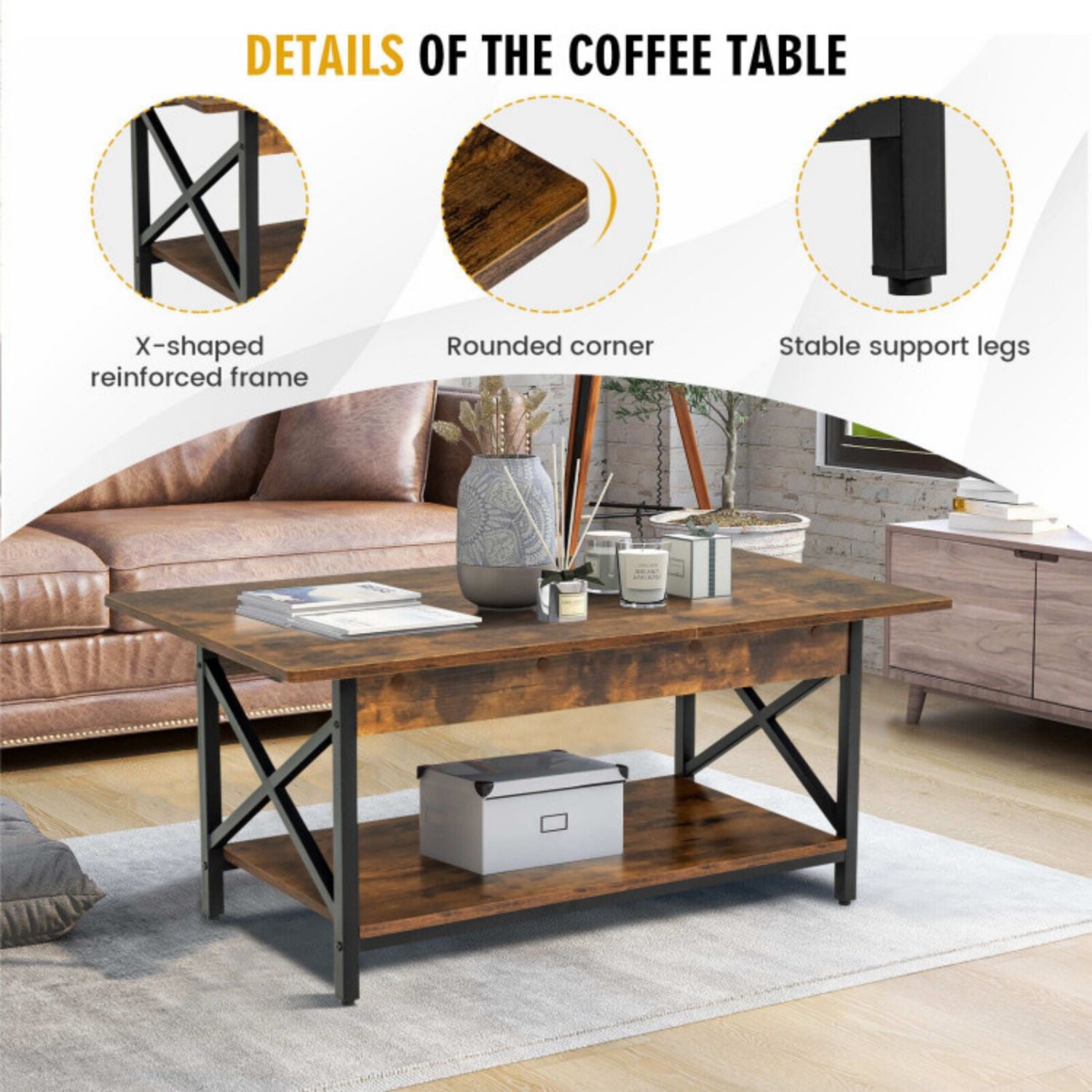 SUGIFT 2-Tier Industrial Rectangular Coffee Table with Storage Shelf-Rustic Brown
