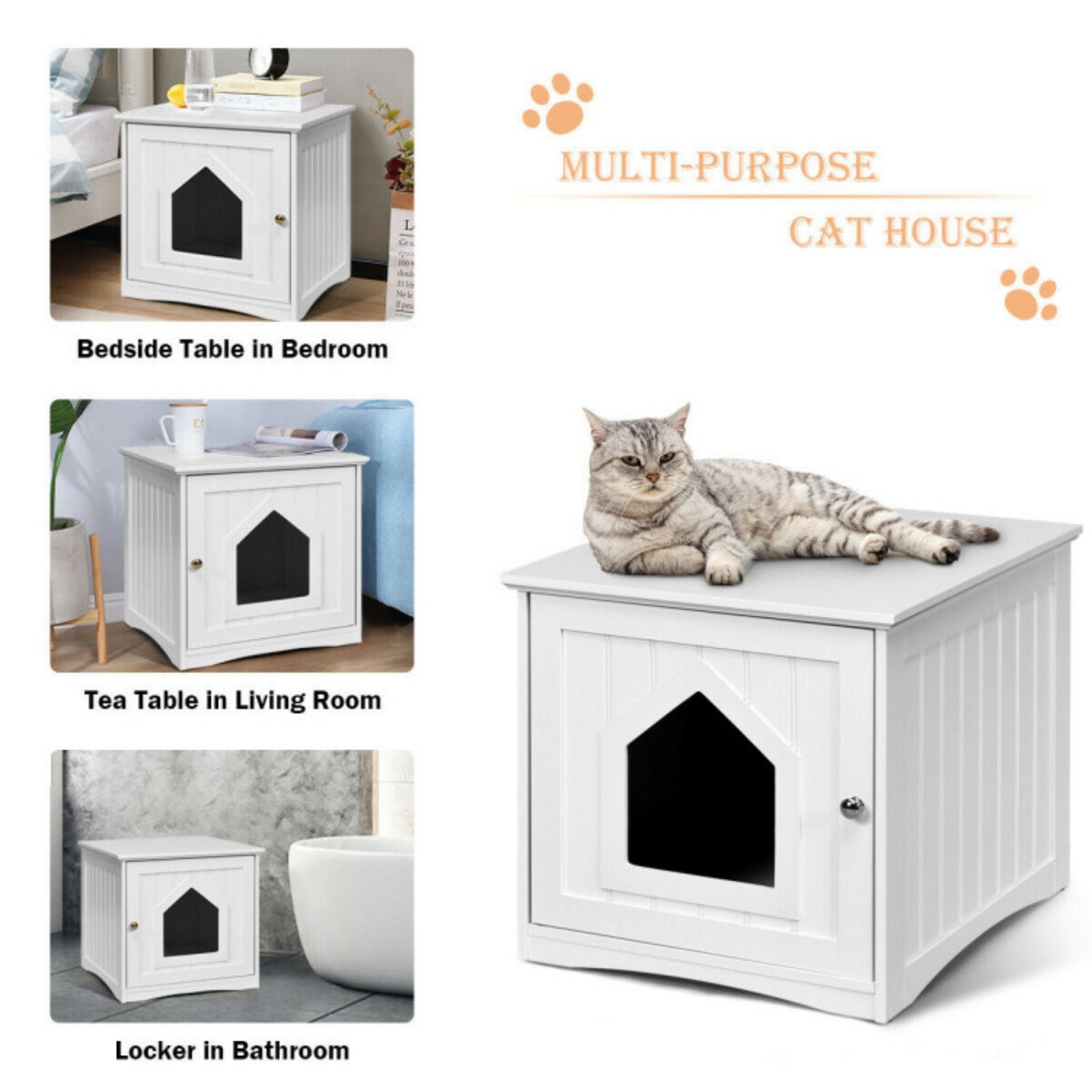 SUGIFT Sidetable Nightstand Weatherproof Multi-function Cat House-White