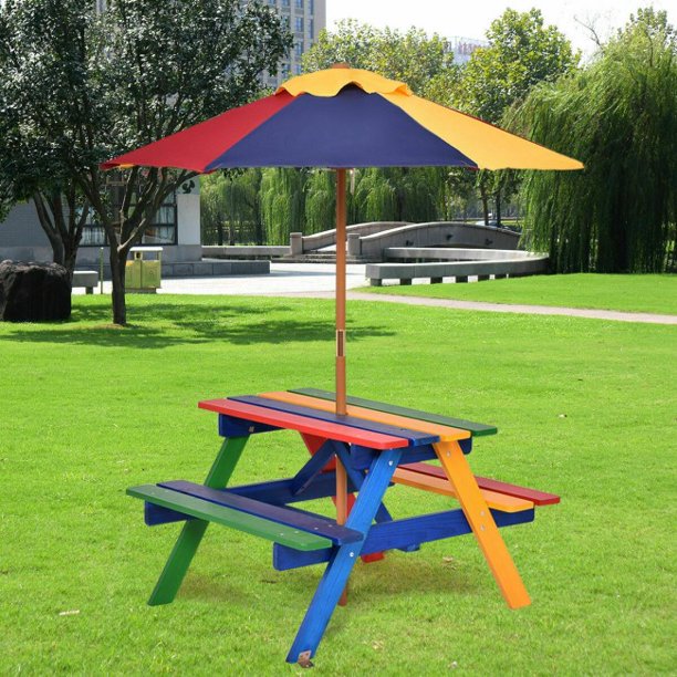 Kids Picnic Table with Umbrella 4 Seat Table Chair Set