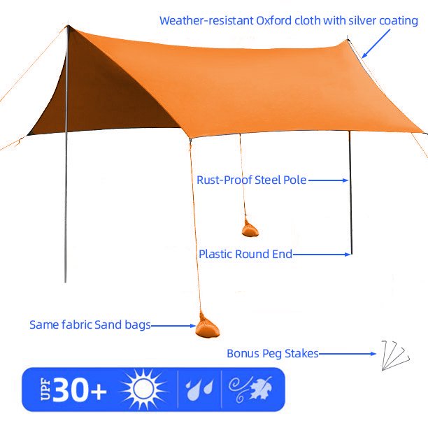 SUGIFT 10'x10' Portable Sun Shelter Beach Tent Canopy with 6 Sandbags, Orange