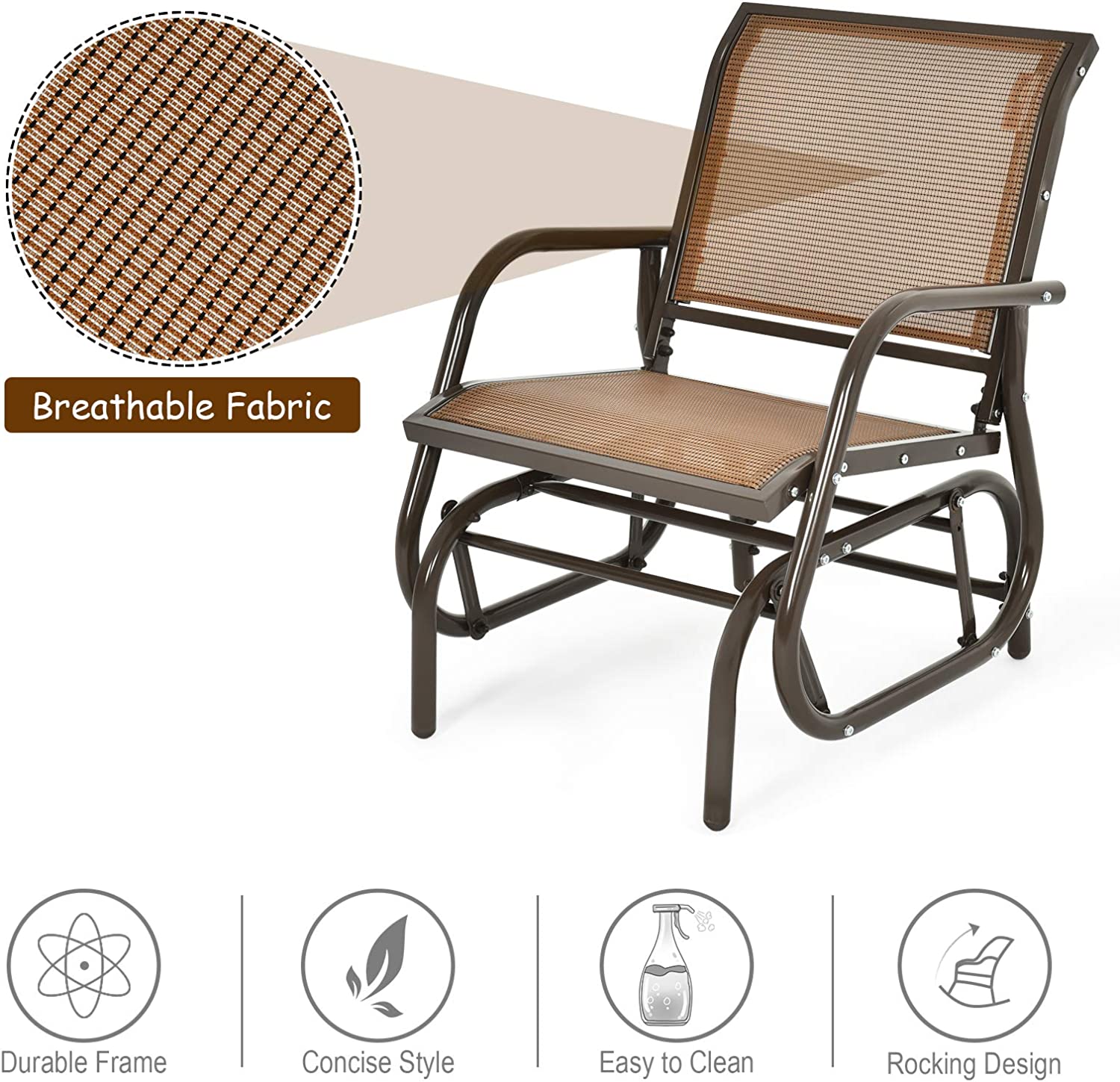 Brown Metal Steel Single Outdoor Swing Glider Rocking Chair with Armrest