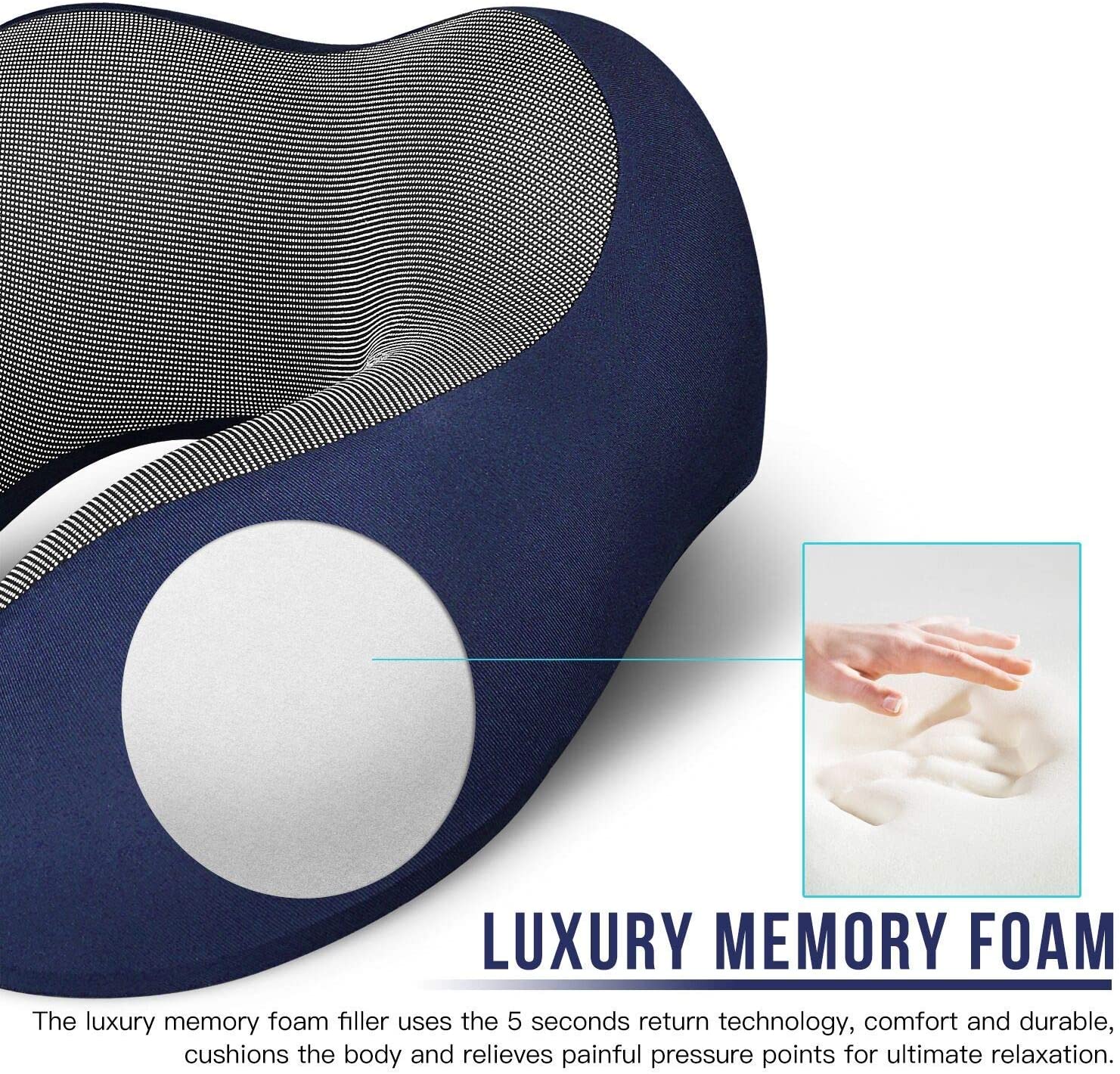SUGIFT Travel Pillow 100% Pure Memory Foam Neck Pillow, Comfortable & Breathable Cover, Machine Washable, Airplane Travel Kit with 3D Contoured Eye Masks, Earplugs, and Luxury Bag, Standard (Blue)