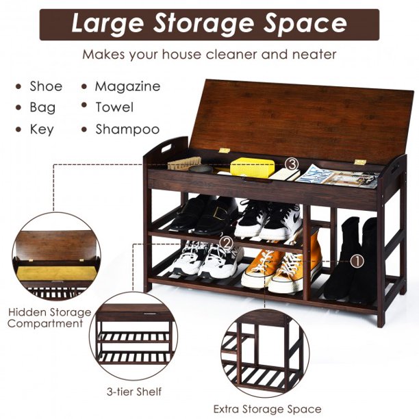 3-Tier Bamboo Shoe Organizer Bench Entryway Storage Rack