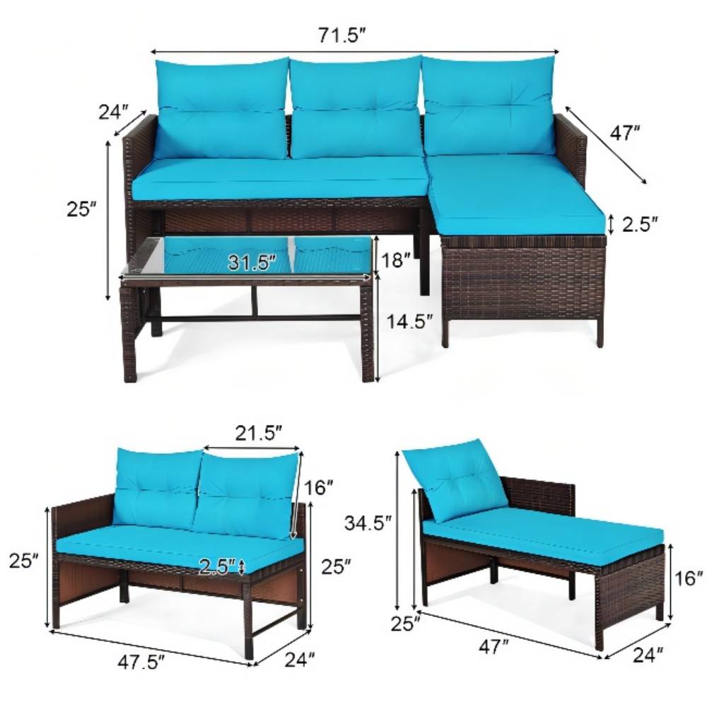 3-Piece Wicker Outdoor Corner Sectional Sofa Set with Turquoise Cushions and Coffee Table