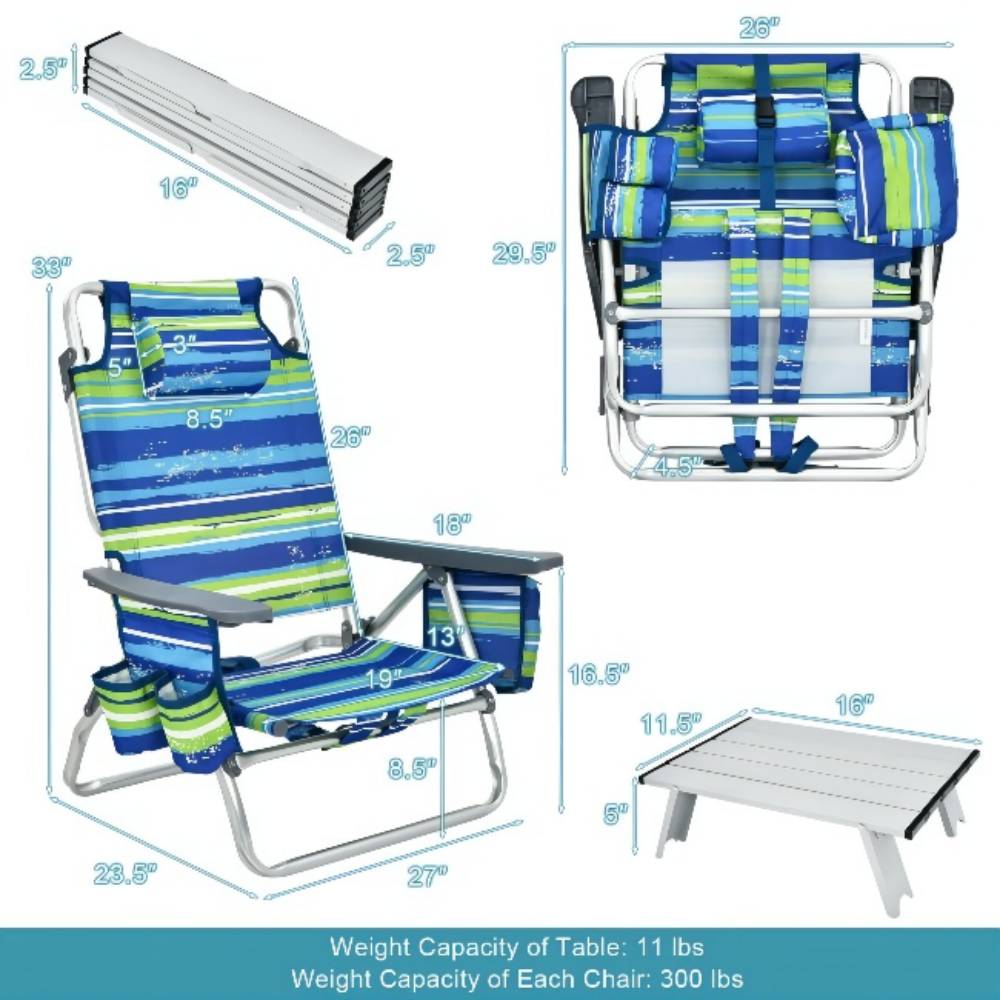 Outdoor Folding Backpack Beach Table Chair Reclining Chair Set (2-Pack)
