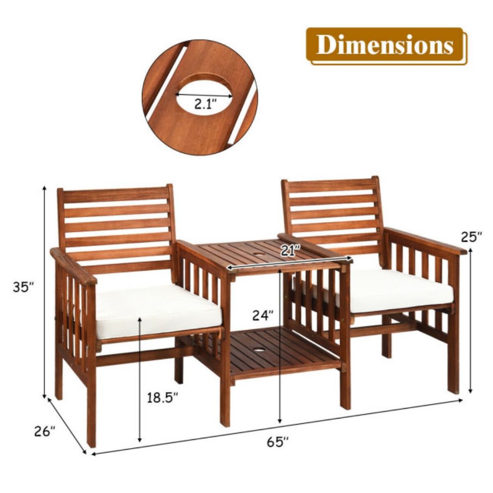 3-Piece Outdoor Wood Patio Conversation Set Acacia Wood Chair Coffee Table with White Cushions