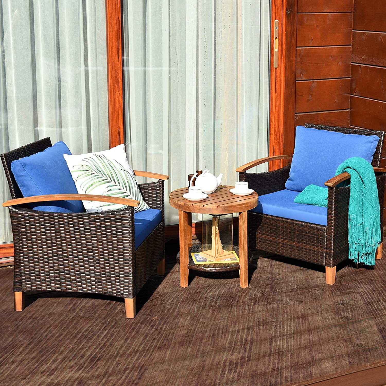 3-Pieces Outdoor Wicker Wooden Frame Patio Conversation Furniture Set with Blue Cushion