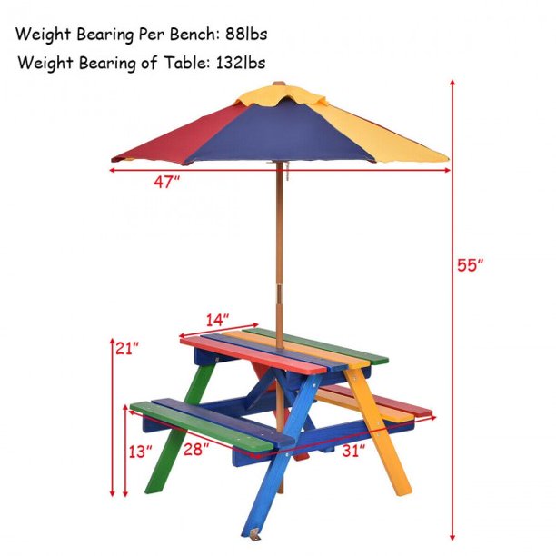 Kids Picnic Table with Umbrella 4 Seat Table Chair Set