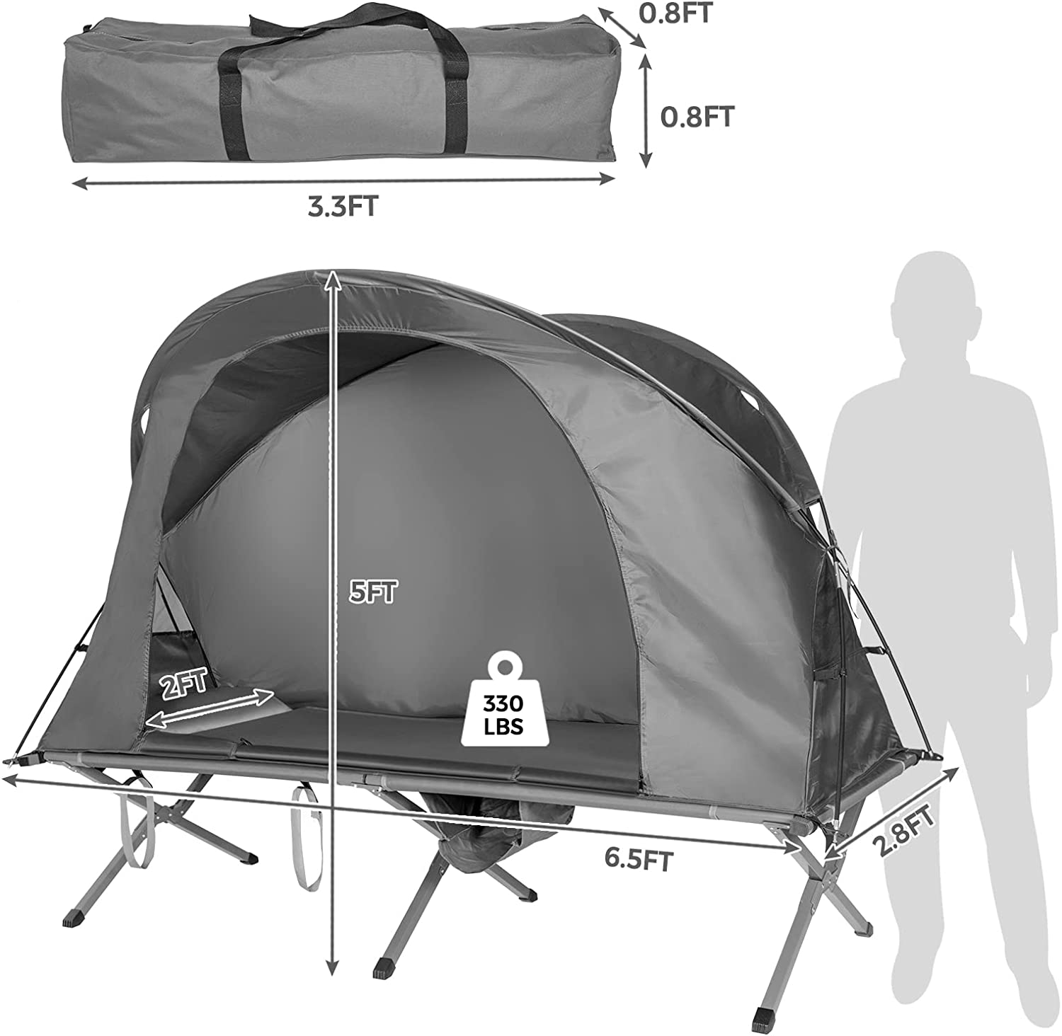 1-Person Gray Outdoor Folding Camping Tent Cot Elevated Compact Tent with External Cover