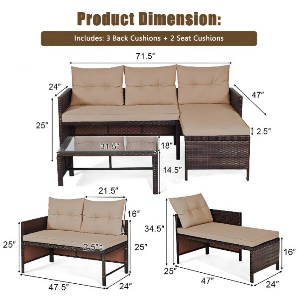 3-Piece Wicker Outdoor Corner Sectional Sofa Set with Beige Cushions and Coffee Table