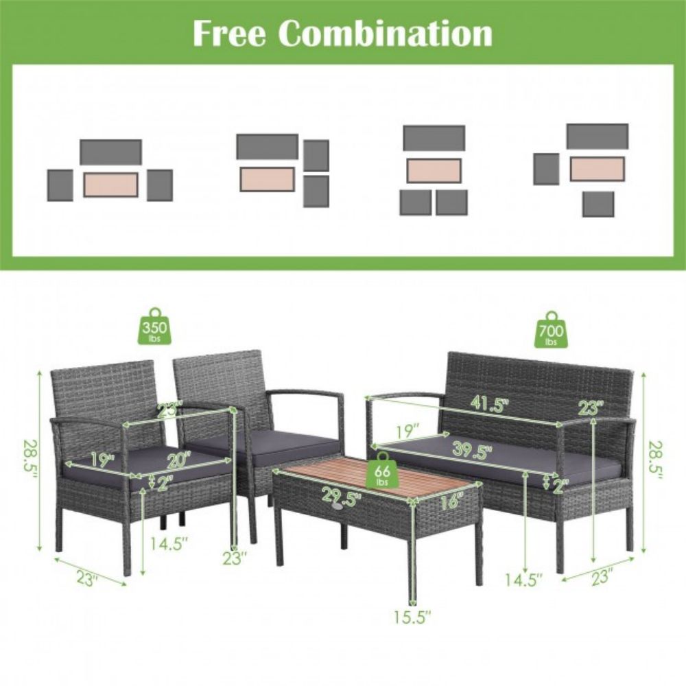 4-Piece Rattan Patio Conversation Furniture Set with Acacia Wood Tabletop and Gray Cushions