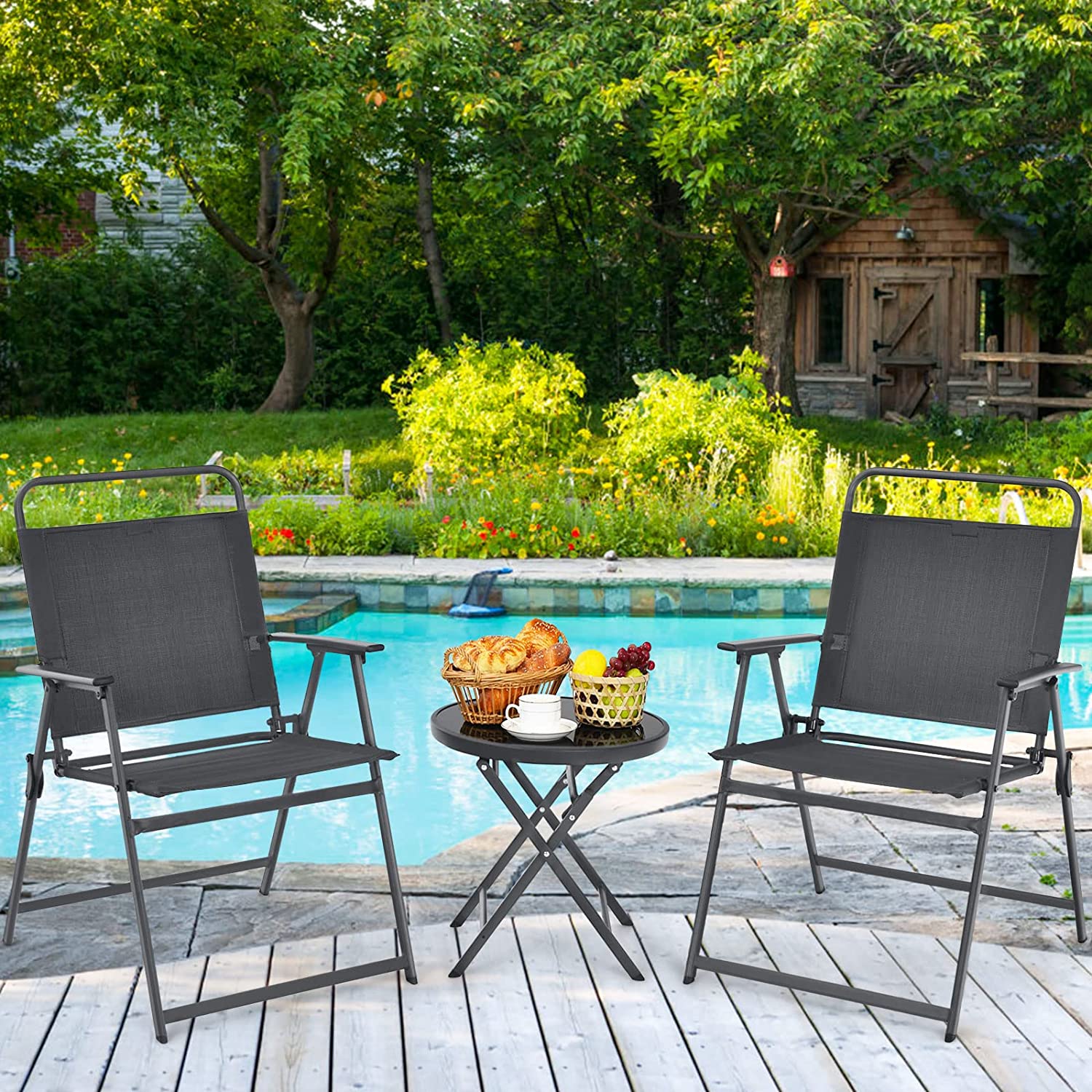 Gray 3-Pieces Metal Patio Outdoor Set with Folding Table and Chairs