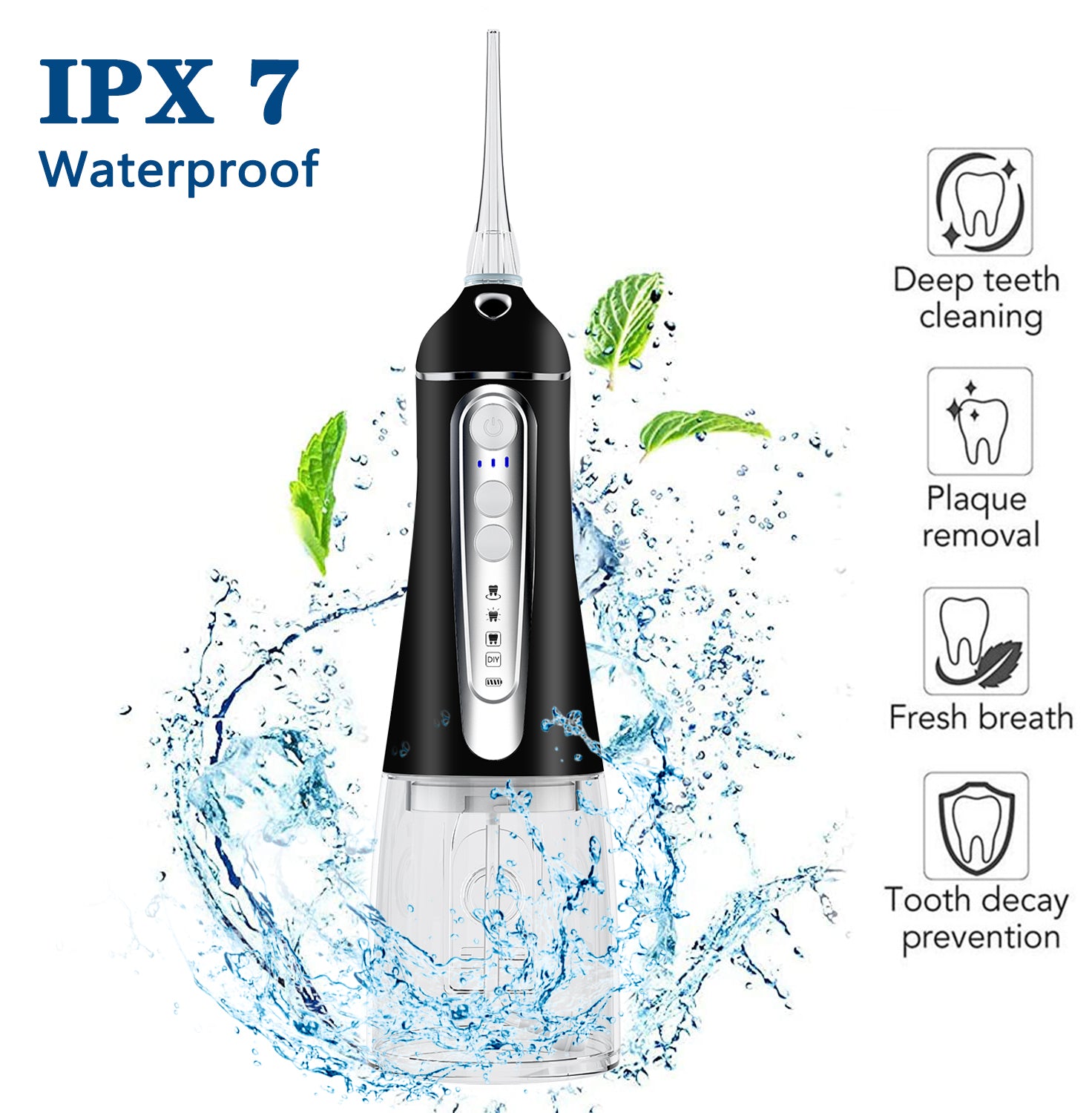 SUGIFT Water Flosser for Teeth 320ML Water Flossers Dental Oral Irrigator with DIY Mode 4 Jet Tips, IPX7 Waterproof,Portable for Home&Travel,Black