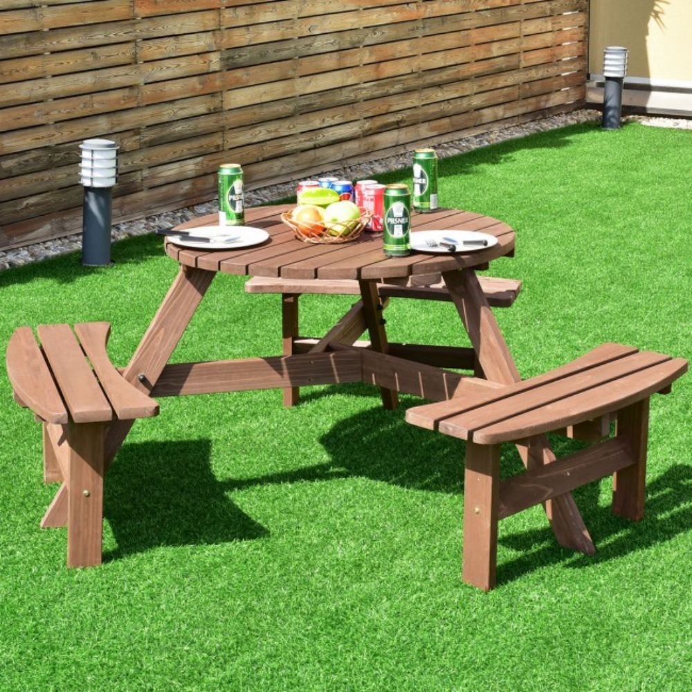 6-Person Patio Wood Picnic Table Beer Bench Set with Umbrella Hole