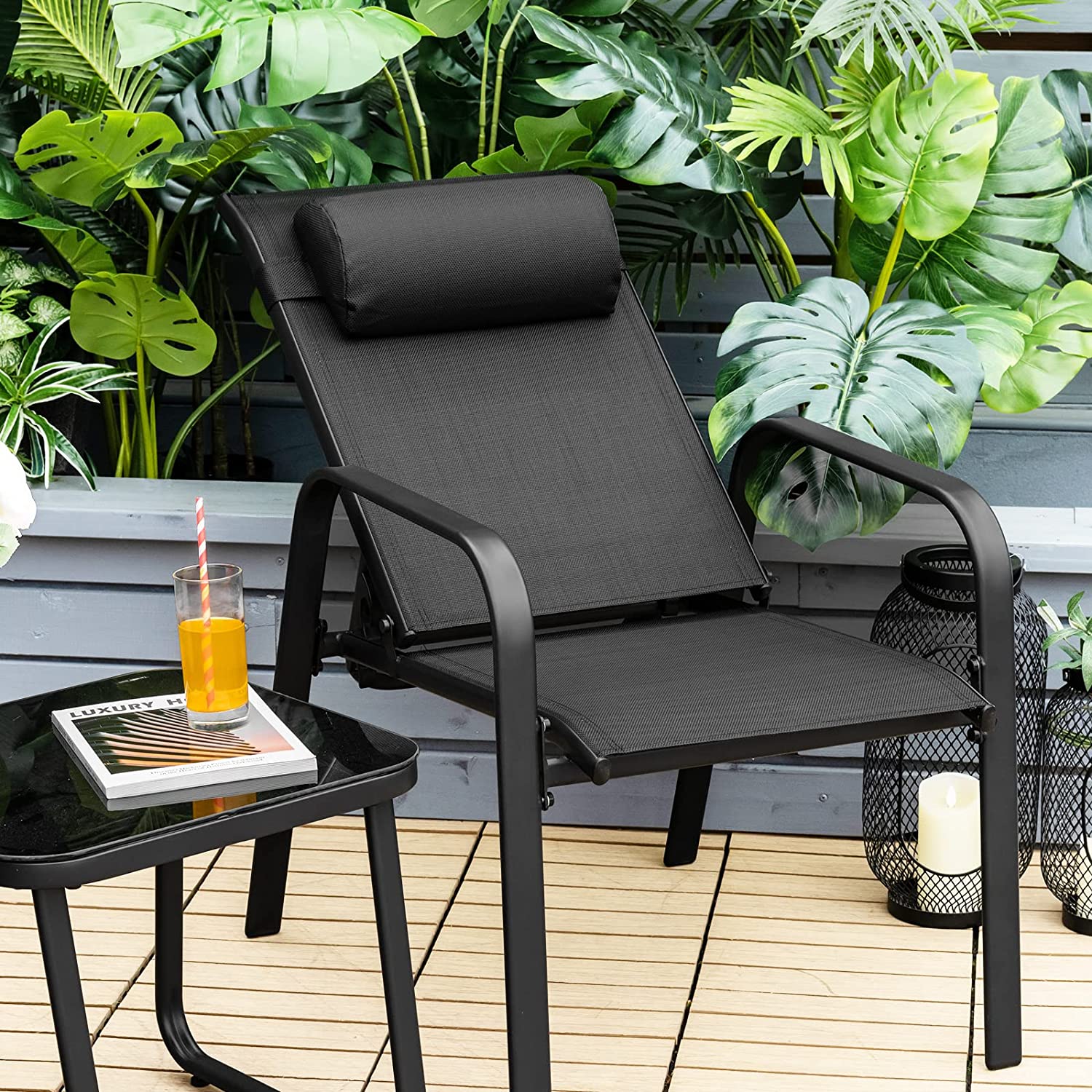 Black 3-Pieces Metal Stackable Outdoor Patio Bistro Conversation Set with Adjustable Backrest