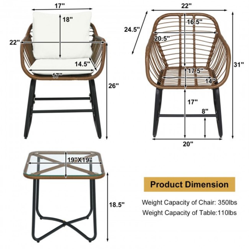 3-Piece Wicker Outdoor Bistro Bistro Set with White Cushion and Glass Table
