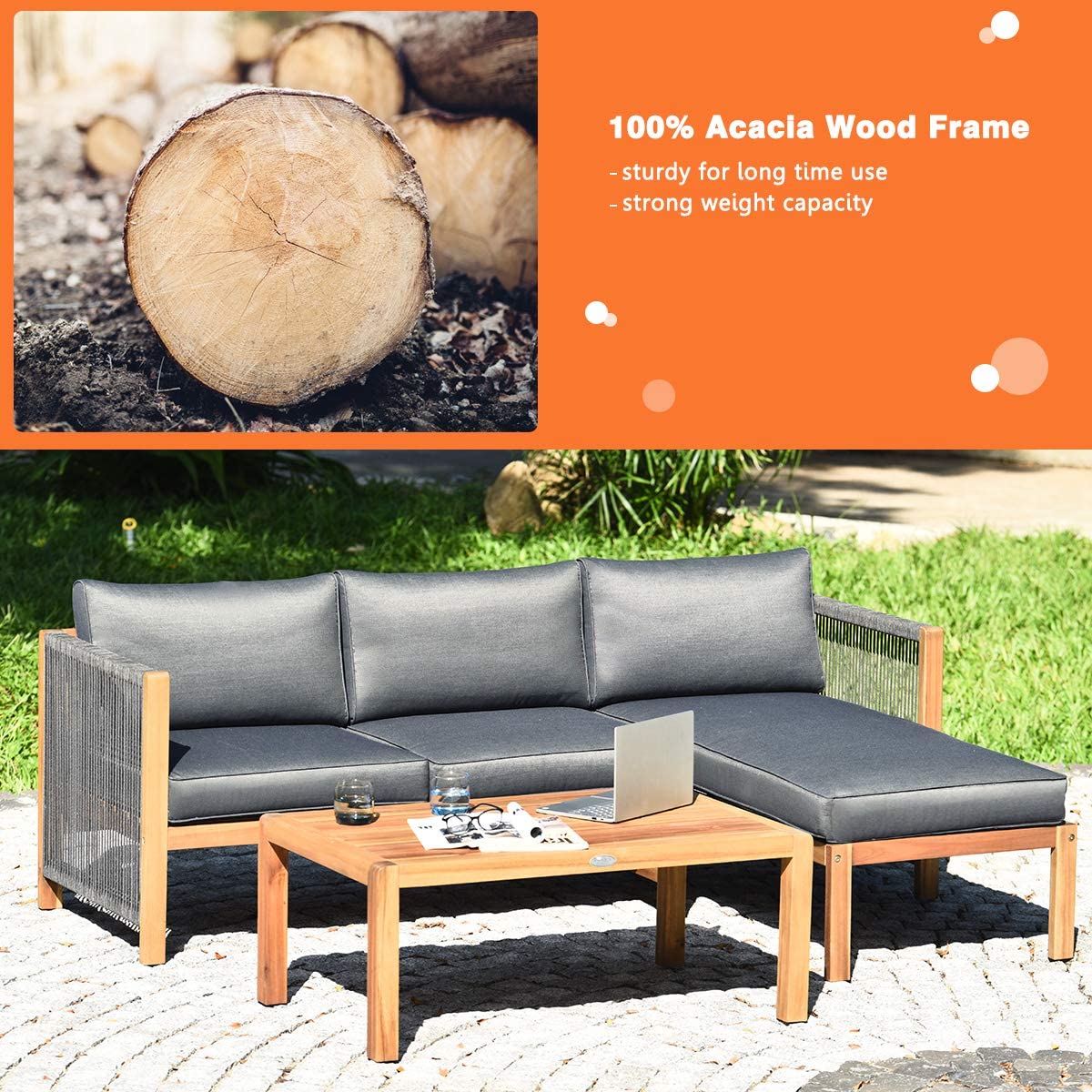 3-Piece Acacia Wood Patio Conversation Set Sofa with Dark Grey Cushions
