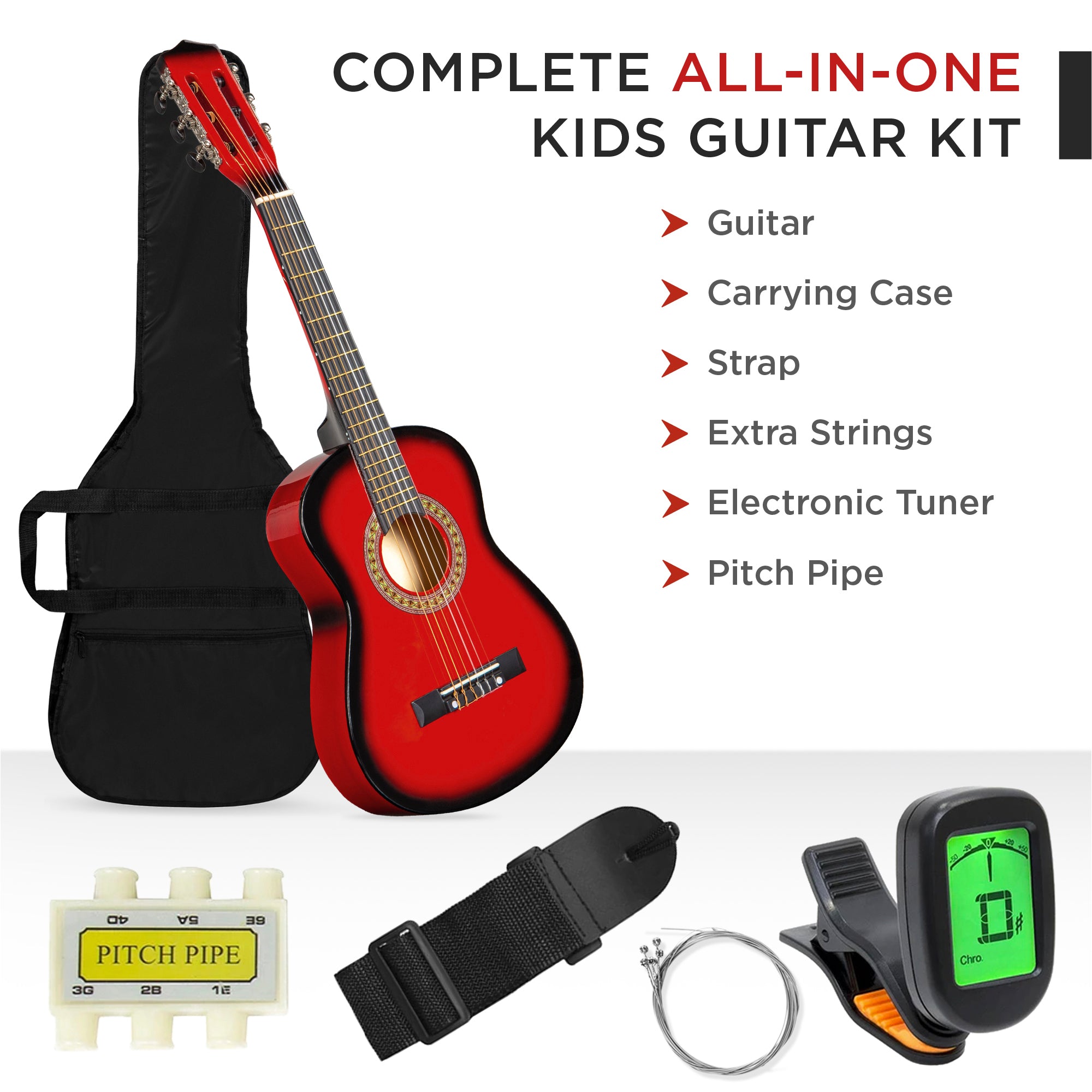SUGIFT 30in Kids Acoustic Guitar Beginner Starter Kit with Tuner, Strap, Case, Strings - Redburst