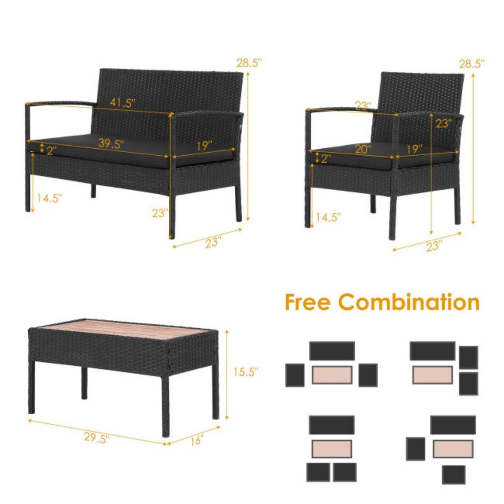 4-Piece Rattan Patio Conversation Furniture Set with Wood Tabletop and Black Cushions